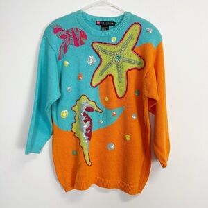 Vintage IB Diffusion Sport Sweater Womens Medium Blue Orange Sea Life Beaded 90s